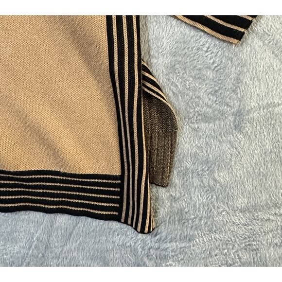A Love Story Sweater L/XL Tan Black Striped Sleeve Mock Neck Oversized Knit Top - Picture 3 of 7